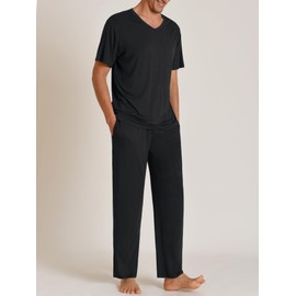 Latuza Men's Soft Pajama Set Viscose Short Sleeves Top with Pants L Black