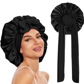 ERBO Seidenhaube zum Schlafen, Silk Bonnet, Verstellbare Schlafhaube Seide, Bonnet Sleep Cap, Satin Haarhaube Damen, Seidenhaube zum Schlafen Lange Haare Locken, Haarhaube für die Nacht (Schwarz)