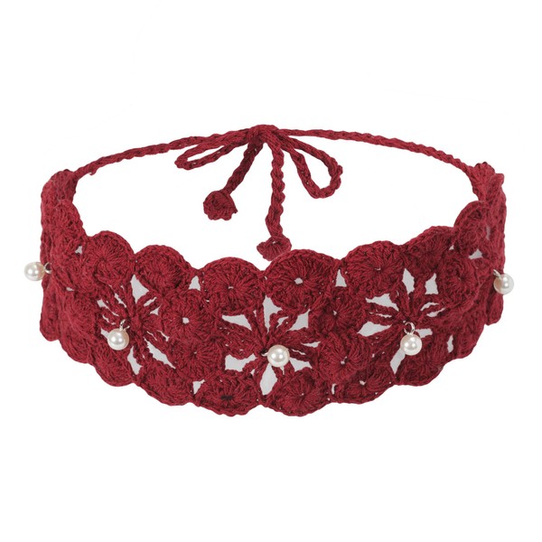 ZLYC Women Pearl Floral Headband Handmade Crochet Knit Vintage Hair Bands (Solid Burgundy)