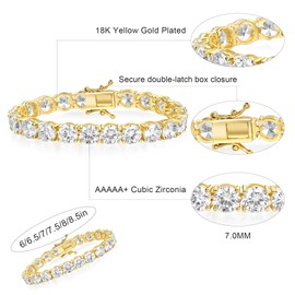 Gemsme Tennis Bracelets for Women and Men, Diamond Bracelets for Women, 18k Yellow Gold Plated 7mm Cubic Zirconia Sterling Silver Tennis Bracelet, CZ Tennis Bracelets for Women Classic Women's Design, Suitable for Everyone Size 6 Inch