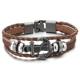 COOLSTEELANDBEYOND Mens Women Marine Anchor Brown Braided Leather Bracelet Three-Row Leather Wristband Wrap Bracelet