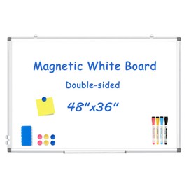 WALGLASS Magnetic Whiteboard, 48" x 36" Large Dry Erase White Board for Wall, Hanging Whiteboard with Silver Aluminium Frame for Home, School, Office, Kitchen