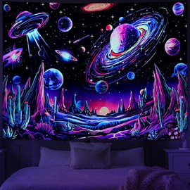 Tushelia Blacklight Galaxy Space Tapestry Neon Planet UFO Tapestries UV Reactive Cactus Mountain Wall Decor Black Light Starry Night Sky Tapestry Wall Hanging for Bedroom