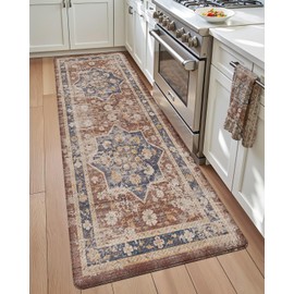 DEXI Kitchen Floor Mats Anti Fatigue, 17x59 Cushioned Vintage Runner Rug Waterproof, Standing Comfort Memory Foam Padded for Front Sink Laundry Office, Reddish Brown