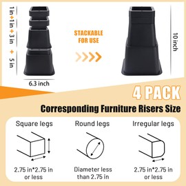 BTSD-home Adjustable Bed Risers Elevation in Heights 3,4,5,6,7,8,9 to 10 Inch Heavy Duty Furniture Risers for Couch Desk Chair and Sofa Bed Lifts Risers Set of 4 (16 pcs Black)