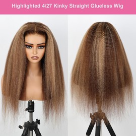 Domiso 24 Inch Glueless Wigs Human Hair Highlight 4/27 Kinky Straight Wear and Go Glueless Wig HD Lace Pre Cut 6x4.6 HD Lace Wig Pre Plucked for Women Natural Hairline Breathable Cap 200% Density
