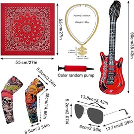 Punker Rockstar Kostüm Accessoires Herren, Rocker 80er 90er Jahre Outfit, Punk Gothic Kit mit Bandanas, Rocker PerüCke, Punk Handschuhe, Tattoo Sleeve, Punk Kette, Aufblasbare Gitarre, Jeanskette