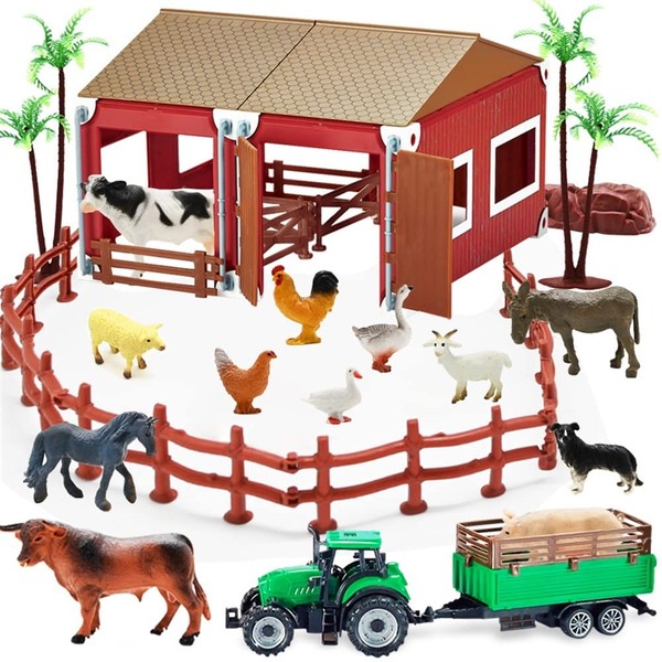 BOLZRA Mini Barn Farm Toys Playset, 66PCS Plastic Animals Figurines and Fence Farm Playset, Farm Figures Farmer Vehicle Toy Truck with Trailer for 3-12 Years Old Kids Boys Girls Toddlers