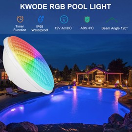 KWODE 72 W RGB Pool Lighting, Par56 Pool Headlight, LED Pool Lamp IP68 Waterproof, 12 V AC/DC
