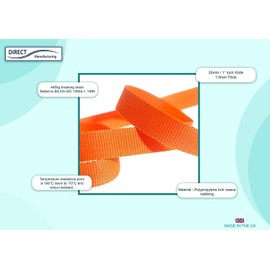 Direct Manufacturing 25mm x 50m Webbing Roll Polypropylene for DIY, Straps, Harnesses, Lashing and more | 970lb / 440kg breaking strain | Made in UK (Orange)