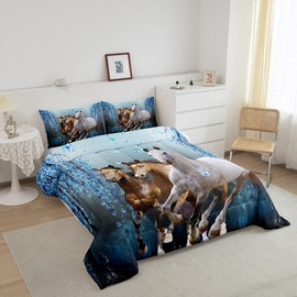 Feelyou Horse Bedding Set Twin Size for Girls Boys,Cherry Blossom Dreamy Blue Galloping Horse Kids Toddler Comforter Set Teens Western Duvet Comforter Floral Wild Animal Decor Quilt Set Bedroom 2Pcs