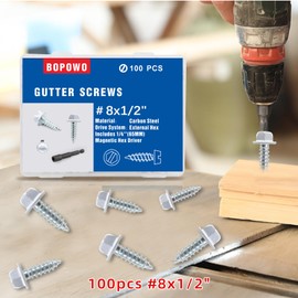 BOPOWO Self-Tapping Gutter Screws White Painted Slotted Hex Washer Head #8 x 1/2" Zinc Plated Finish, Includes 1/4" Magnetic Hex Driver - for Gutter Install
