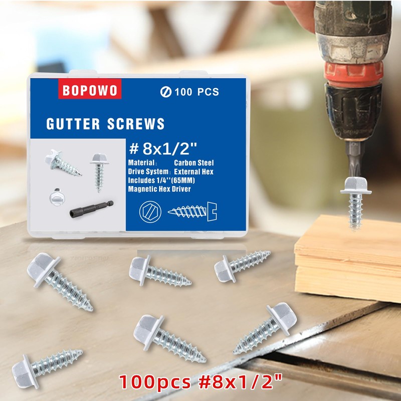 BOPOWO Self-Tapping Gutter Screws White Painted Slotted Hex Washer Head