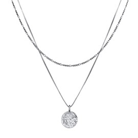 Kuzzoi Men's Silver Necklace in Layer Look with Coin Pendant (15 mm), Necklace for Men in 925 Sterling Silver, Layer Men's Necklace with Textured Plate Pendant, Sterling Silver