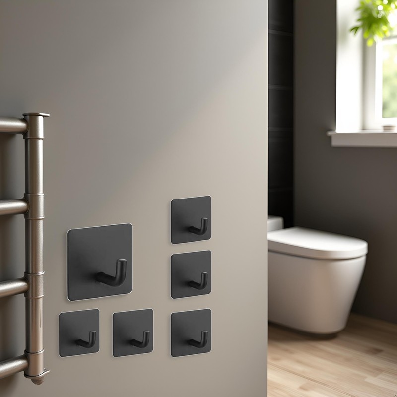 Tustao 6-Pack Stainless Steels Adhesive Wall Hooks Black,Easy Installation Without