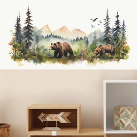 Brown Bear Dream Forest Wall Stickers, sacinora Cartoon Wild Jungle Animal Wall Decals Removable Vinyl Peel and Stick for Living Room Bedroom Nursery Sofa TV Background Art Home Decorations