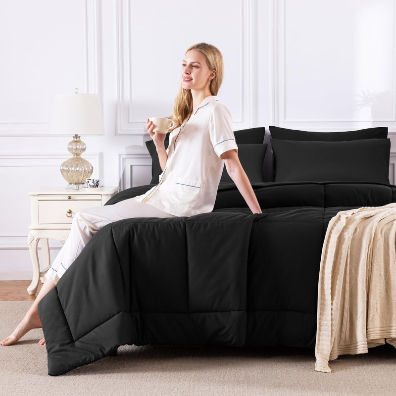 CozyLux Full Size Comforter Sets Black, 7 Pieces Bed in