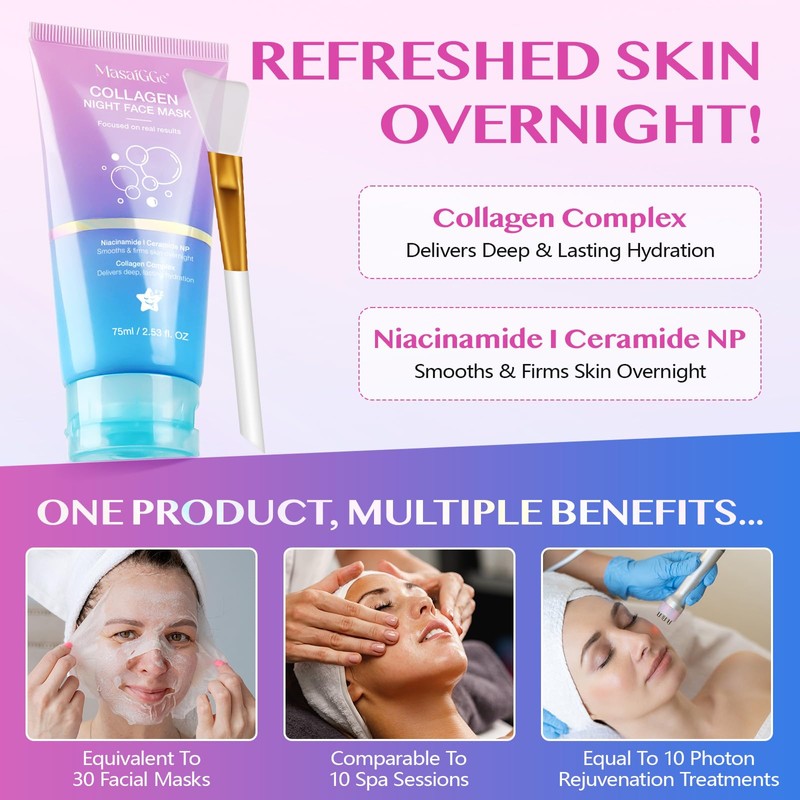 Collagen Night Wrapping Mask,Overnight Sleeping Mask for Delivers Deep, Lasting