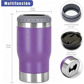 Porta latas Enfriador de cerveza 4 en 1, Porta cerveza Tapas de 14 onzas con dos tapas, Enfriador de bebidas de acero inoxidable 304, Para lata estándar, botella de cerveza, Morado
