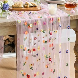 Artoid Mode - Camino de mesa de gasa con bordado rosa de 120 pulgadas, 10 pies, transparente de temporada, cocina, comedor, día festivo, boda, cumpleaños, decoración de mesa para fiesta en casa