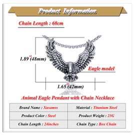 Xusamss Punk Rock Titanium Steel Wings Eagle Pendant Necklace,24inhes Link Chain