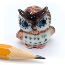 WitnyStore Very Tiny ¾ Inch Brown White Owl Look Sideway Figurine - Miniature Hand Made Ceramic Owls Owlet Nocturnal Bird Cute Porcelain Animal Colorful Small Decorative Collectible Figure Décor Gifts