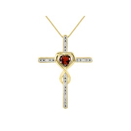 Rylos Necklace Yellow Gold Plated Silver 925 Cross Necklace Heart Shape Gemstone & Diamonds With 18" Chain 6MM Garnet January Birthstone Womens Jewelry Silver Necklace