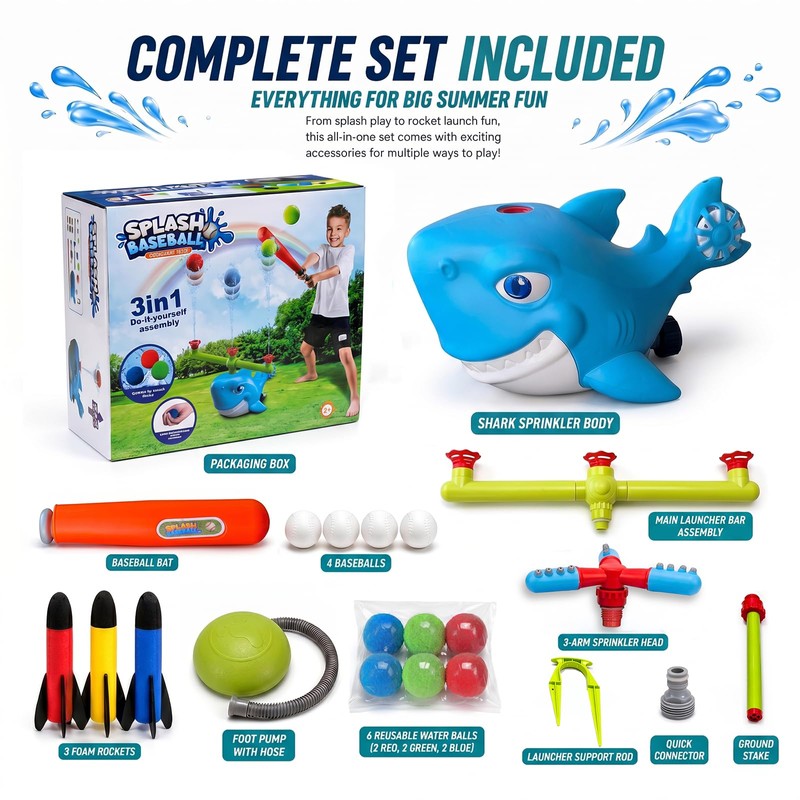 Shark Water Sprinkler Toy, 4-in-1 T Ball Splash Game for