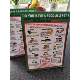 pack of 2 FOOD ALLERGY AWARENESS TABLE SIGN A5 TENT CARD (210mm x 148mm) LAMINATED 350g 14 allergens POSTER The clearest food allergy notice in the food and hygiene posters range. Allergy warning sign