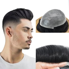RESHE Mens Toupee European Real Human Hair Piece All V-looped 0.06mm Ultra Thin Skin Toupee Men Hairpieces Hair Replacement System for Men Natural Hairline Gray Hair Unit for Men