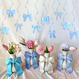 14 PCS Blue Bow Banner Garland Satin Ribbon Bows Hanging Banners Blue Coquette Birthday Decorations Baby Girl Bridal Shower Bachelorette Party
