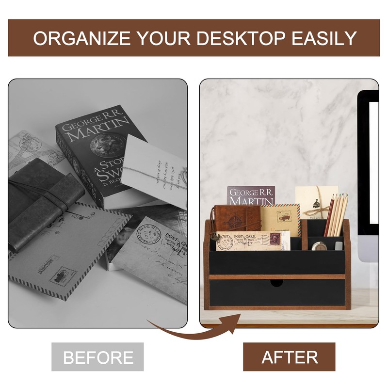 Dhmkfly Desk Organizer with Drawer Wood File Office Mail Organizer