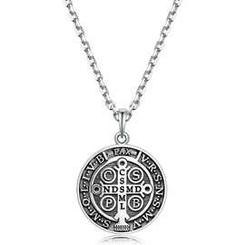 VENICEBEE® Cross St. Benedict Saint Medal Protection Seal Exorcism Sacramental Christian Amulet Solid 925 Sterling Silver Pendant Necklace + Velvet Pouch, Polishing Cloth, Gift Box