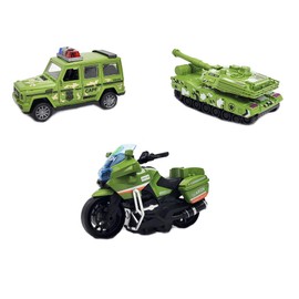 Sumac Camouflage Military Toys Set of 3 Friction Powered Toy Vehicles 4.5x2 inch Battle Tank, Armored Car, Motorbike (Green)