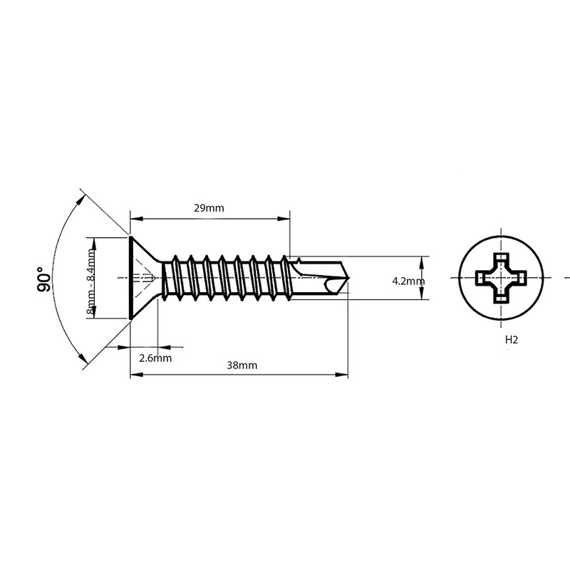 4.2mm x 38mm Self Drilling Countersunk Screws Steel Self Tapping