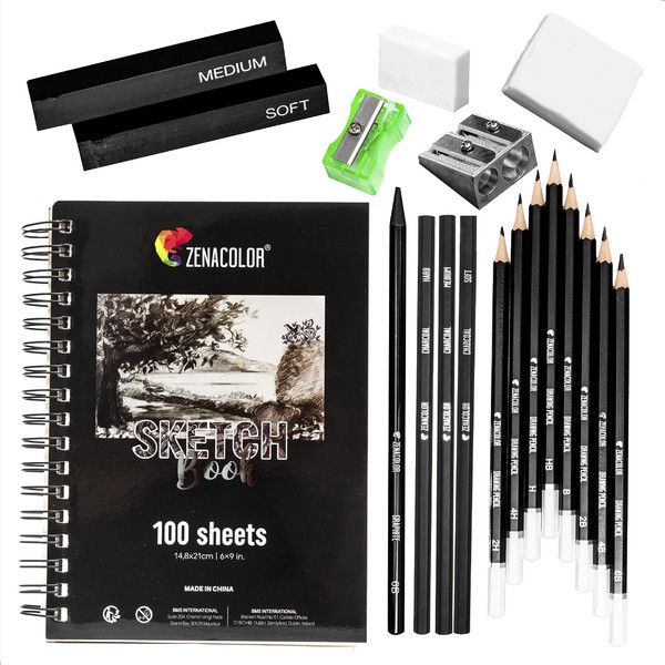 Zenacolor Sketch Book A5 100 Pages 100GSM with 19 Accessories Sketch Kit for Beginner or Professional - 12 Different Pencils Plus 6 Tools (Charcoal Sticks and Erasers)
