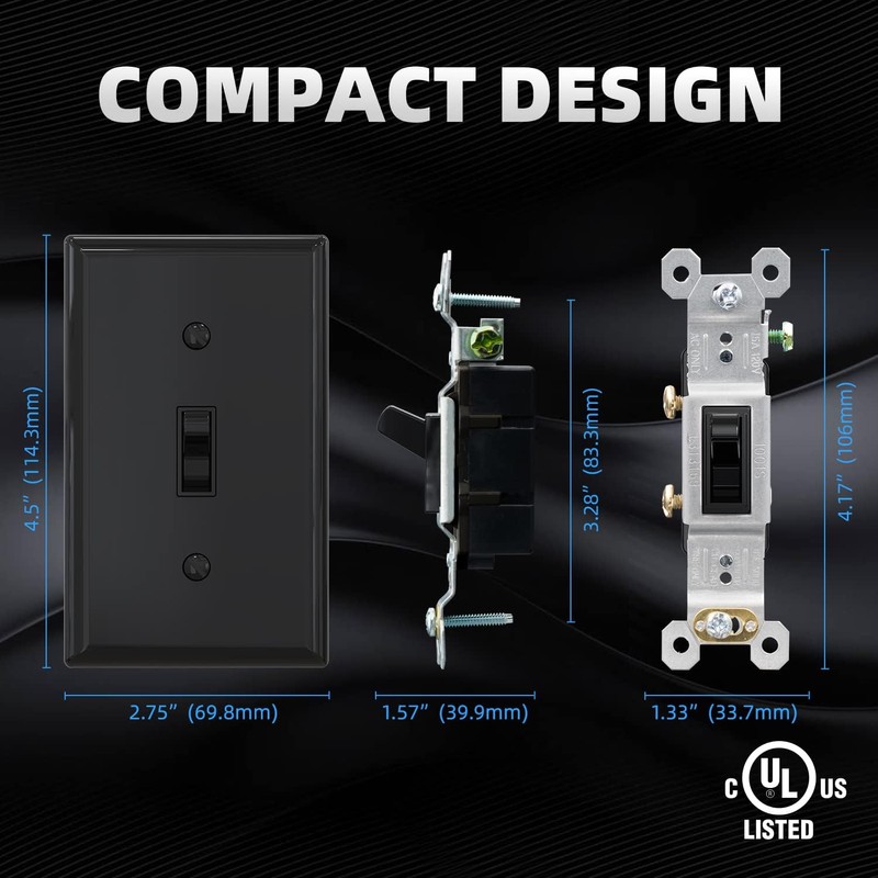 ELEGRP Single Pole Toggle Light Switch with Plate, 15 Amp,