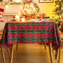 AQOTHES Red Green Plaid Snowflake Christmas Tablecloth 60x104, Tartan Table Cloth Decorations, Winter Holiday Tablecloths for Rectangle Tables Parties Dining Farmhouse Kitchen Decor