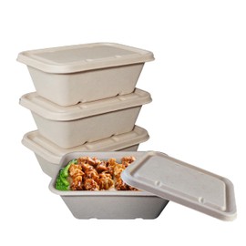 EcoQuality 34oz Disposable Bowls with Fiber Lids - Rectangular Compostable Sugarcane Fiber Biodegradable Paper Bowls Eco-Friendly Take Out Food Storage Containers, Microwave Safe, Meal Prep (25 PACK)