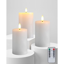 Gmnee Flickering Flameless Candles, Realistic LED Candles with Remote and Timer, Set of 3 Battery Operated Candles for Room Fall Decor Wedding Christmas Decorations