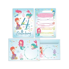 Minkocards 8 Invitation Cards Including 8 Envelopes for 4th Children's Birthday Girls Mermaid Invitation Fourth Birthday Children Invitation Set