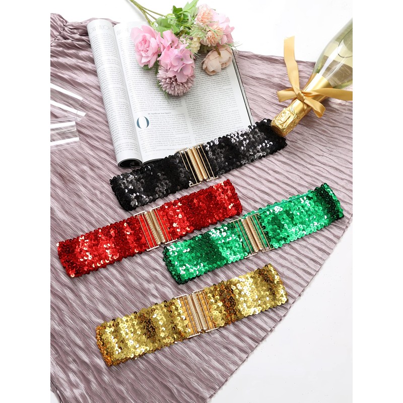 Allegra K Women's Elastic Dress Belt Sequins Metal Interlock Buckle,