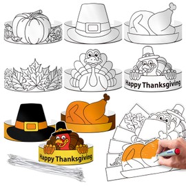 Whaline 24 Pack Thanksgiving Coloring Crowns with Elastic Rope Color Your Own Turkey Hats Pumpkin Maple Leaves Adjustable Coloring Headbands for School Craft Fall Thanksgiving Activity, 6 Design