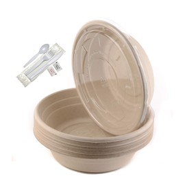 150 Count - 24oz Round Disposable Bowls with Lids and Cutlery - Natural Sugarcane Bagasse Bamboo Fibers Sturdy Compostable Eco Friendly Environmental Paper Plastic Bowl Alternative - Fork,Spoon,Knife