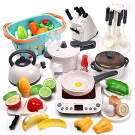 CUTE STONE Pretend Play Kitchen Toy with Cookware Steam Pressure Pot and Electronic Induction Cooktop, Cooking Utensils, Toy Cutlery, Cut Play Food, Shopping Basket Learning Toy for Girls Boys