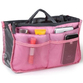 GPCT Large Multi-Pocket Expandable Nylon Travel Handbag/Purse Insert Organizer W/ Handles. 13 Compartments & 2 Zipper Pockets. Keeps Handbag/Purse Neat/Tidy! Great for Keeping Cosmetics & Makeup- Pink