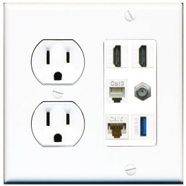 Wallplate City 2 HD Coax CAT6-RJ45 Phone Jack USB Keystone F/F Wall Plate-Round Outlet White