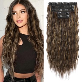 Clip in Hair Extensions, REECHO 5PCS Brown Hair Extensions 24" Thick Long Loose Waves hair extensions HE002 Invisible Lace Weft Natural Soft Hairpieces for Women ¨C Dark Brown with Highlights