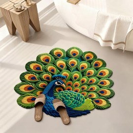 Peacock Animals Bath Mat Blue and Green Bathroom Rugs Funny Non Slip Bathtub Decor Mats Super Absorbent Floor Carpet Machine Washable Quick Dry for Tub, Shower, Bedroom, Kitchen, 31.5"x31.5"