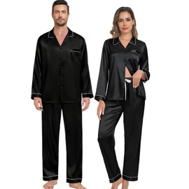 SWOMOG Couple Silk Satin Pajamas Set 2Pcs Matching Famliy Sleepwear Button Down Loungewear Men & Women Pjs with Pants Black